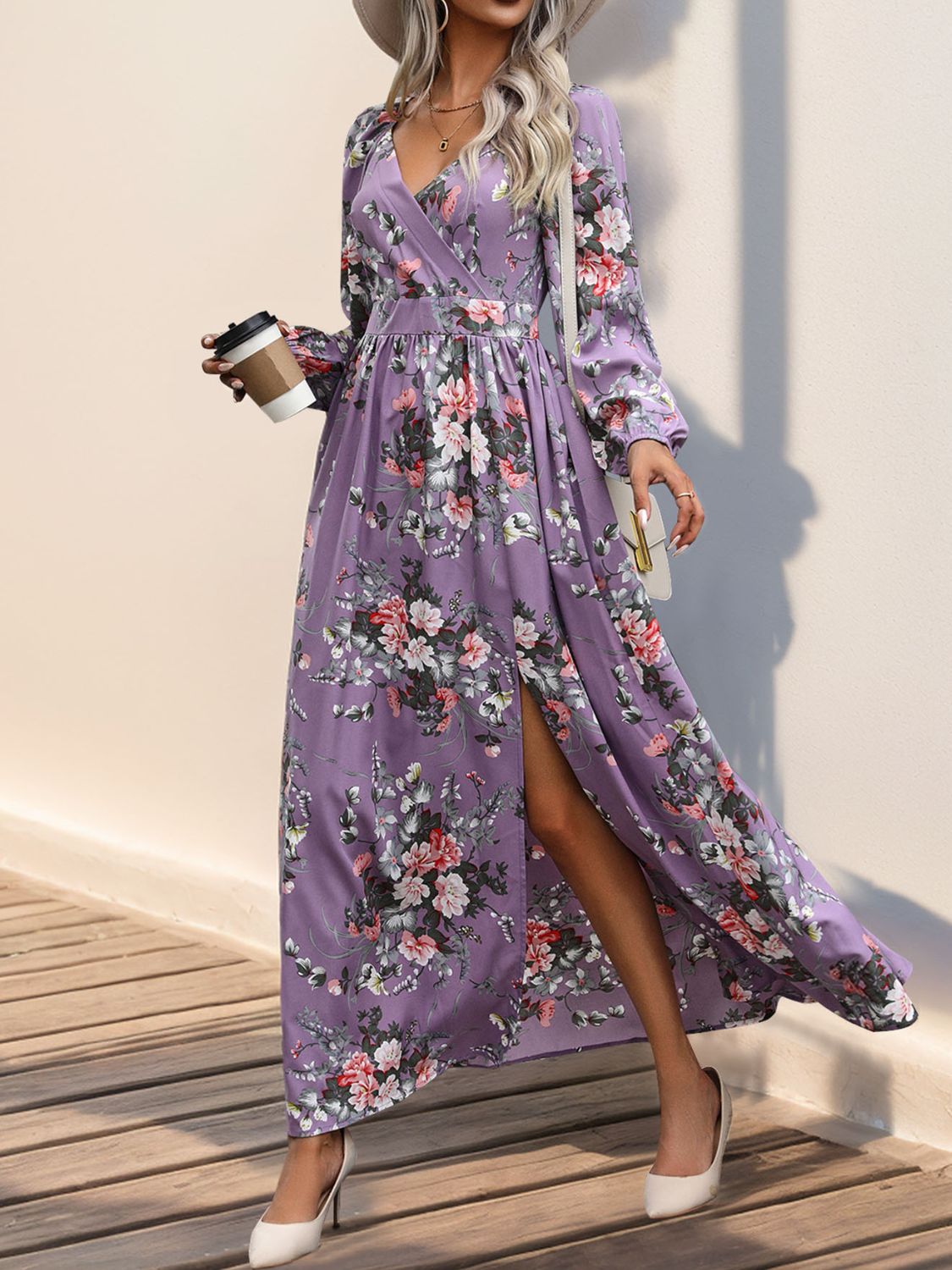 Slit Printed Surplice Long Sleeve Maxi Dress-TOPS / DRESSES-[Adult]-[Female]-2022 Online Blue Zone Planet