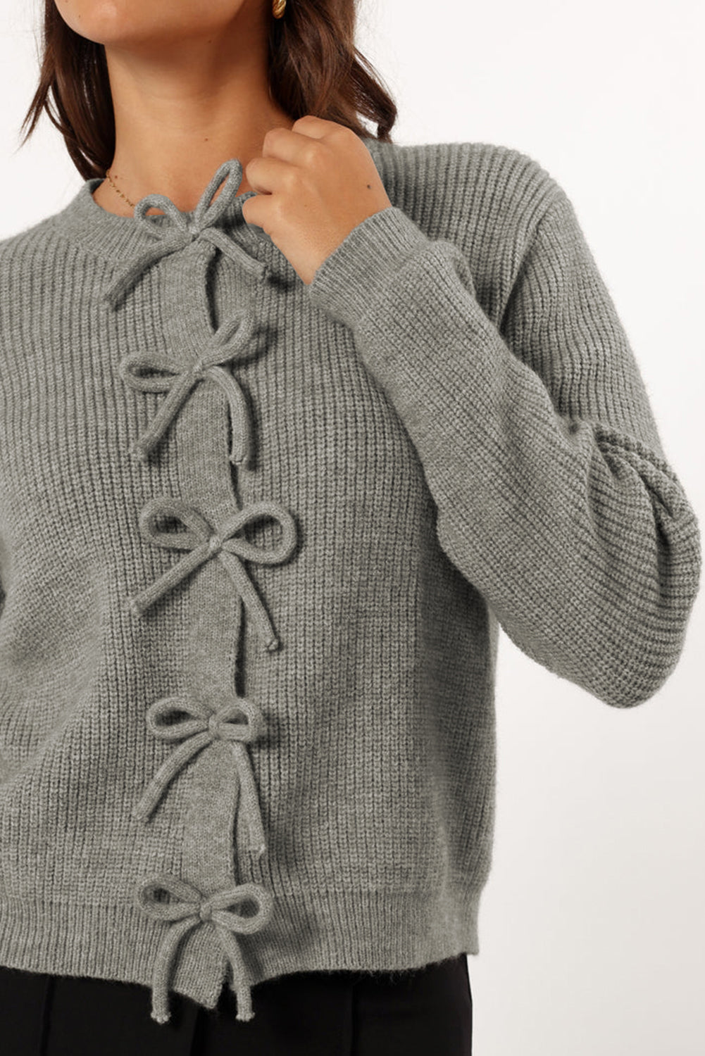 Philippine Gray Ribbed Knit Bow Front Buttoned Cardigan-Sweaters & Cardigans/Cardigans-[Adult]-[Female]-Philippine Gray-S-2022 Online Blue Zone Planet