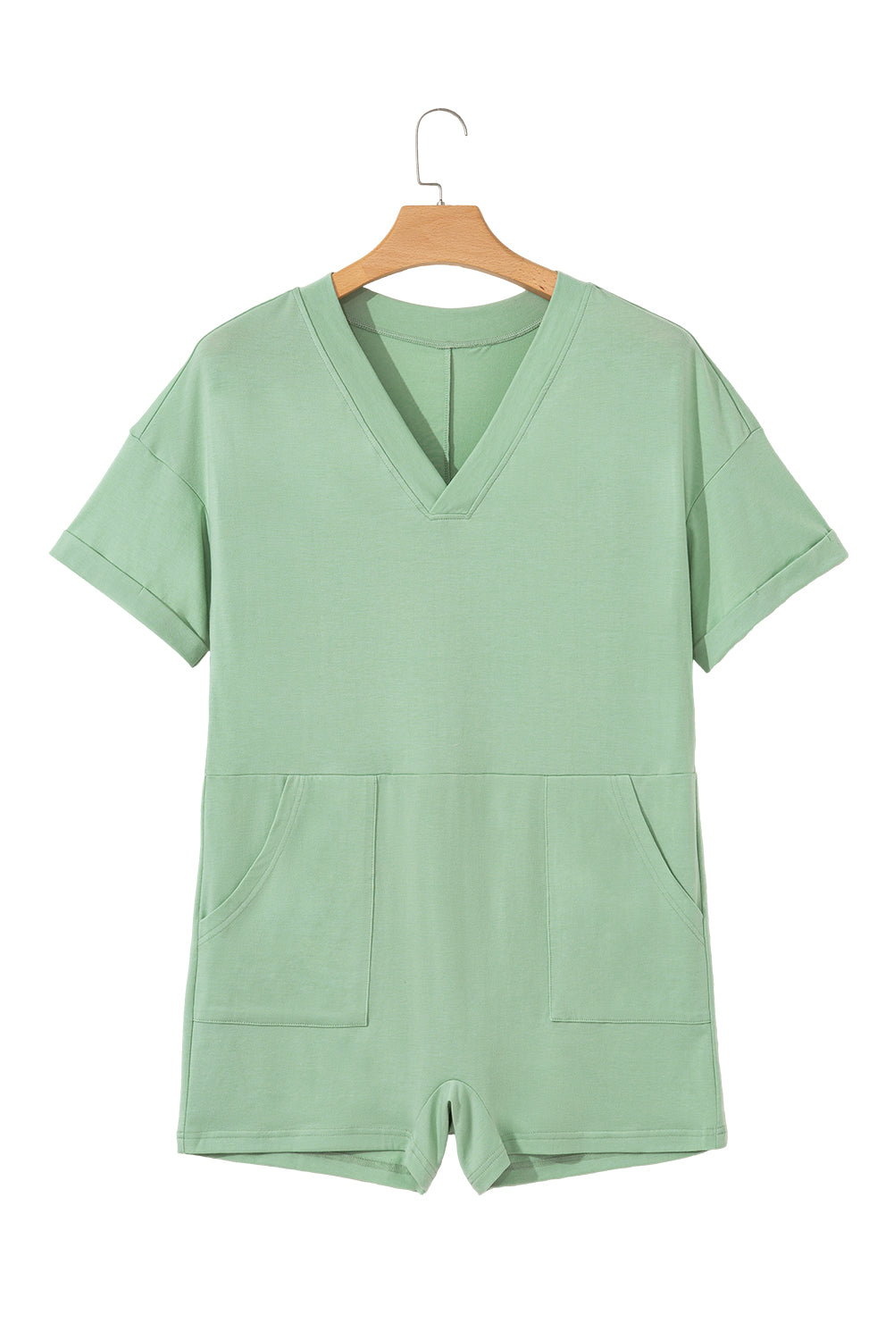 Grass Green Loose Half Sleeve V Neck Knit Romper-Bottoms/Jumpsuits & Rompers-[Adult]-[Female]-2022 Online Blue Zone Planet