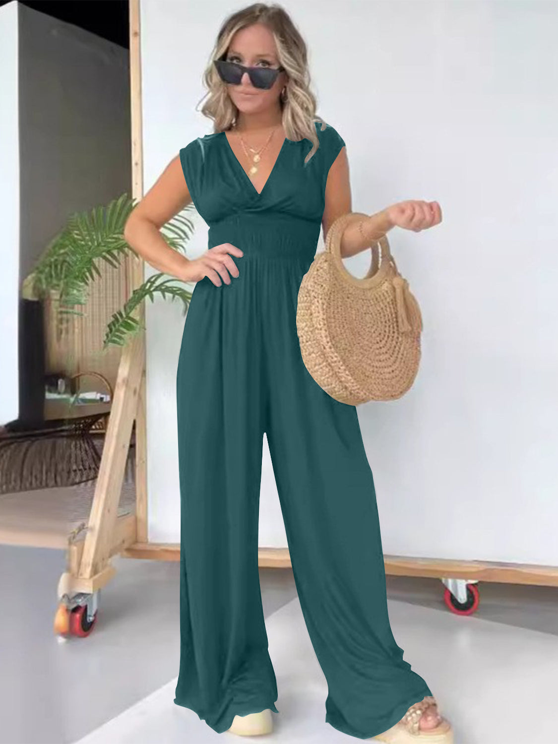 Smocked Cap Sleeve Wide Leg Jumpsuit-TOPS / DRESSES-[Adult]-[Female]-Turquoise-S-2022 Online Blue Zone Planet