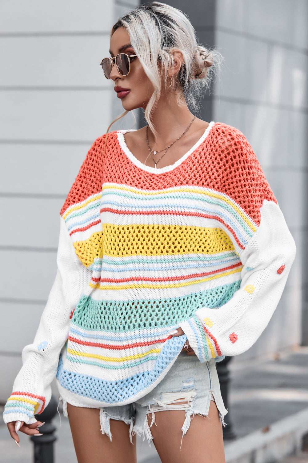 Hollow Striped Color Block Round Neck Sweater-TOPS / DRESSES-[Adult]-[Female]-2022 Online Blue Zone Planet