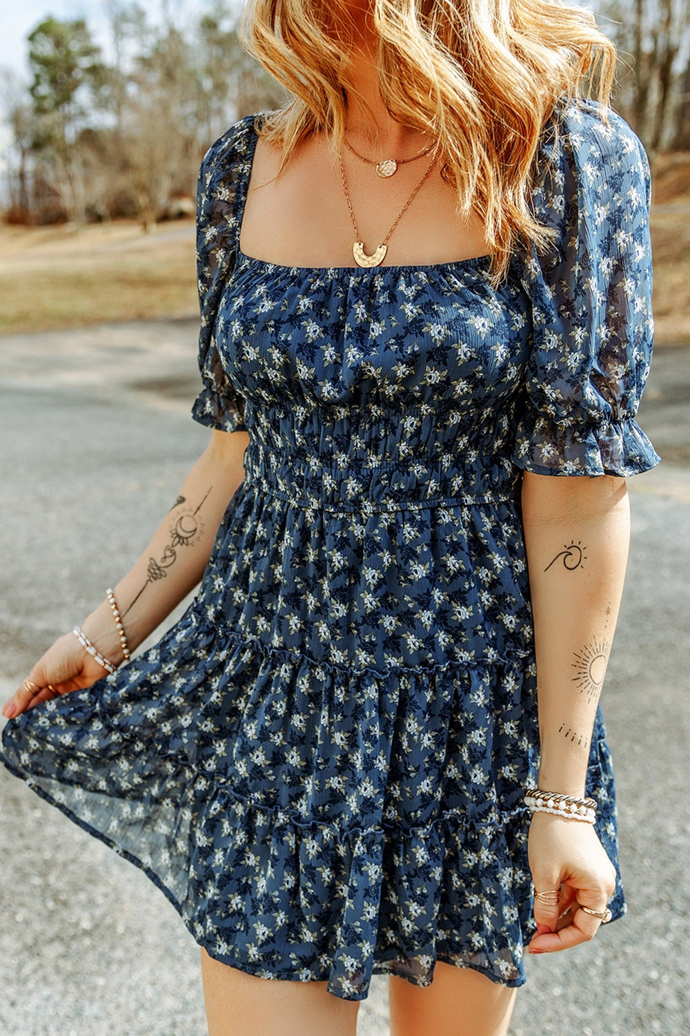Blue Zone Planet |  Printed Square Neck Short Sleeve Dress BLUE ZONE PLANET
