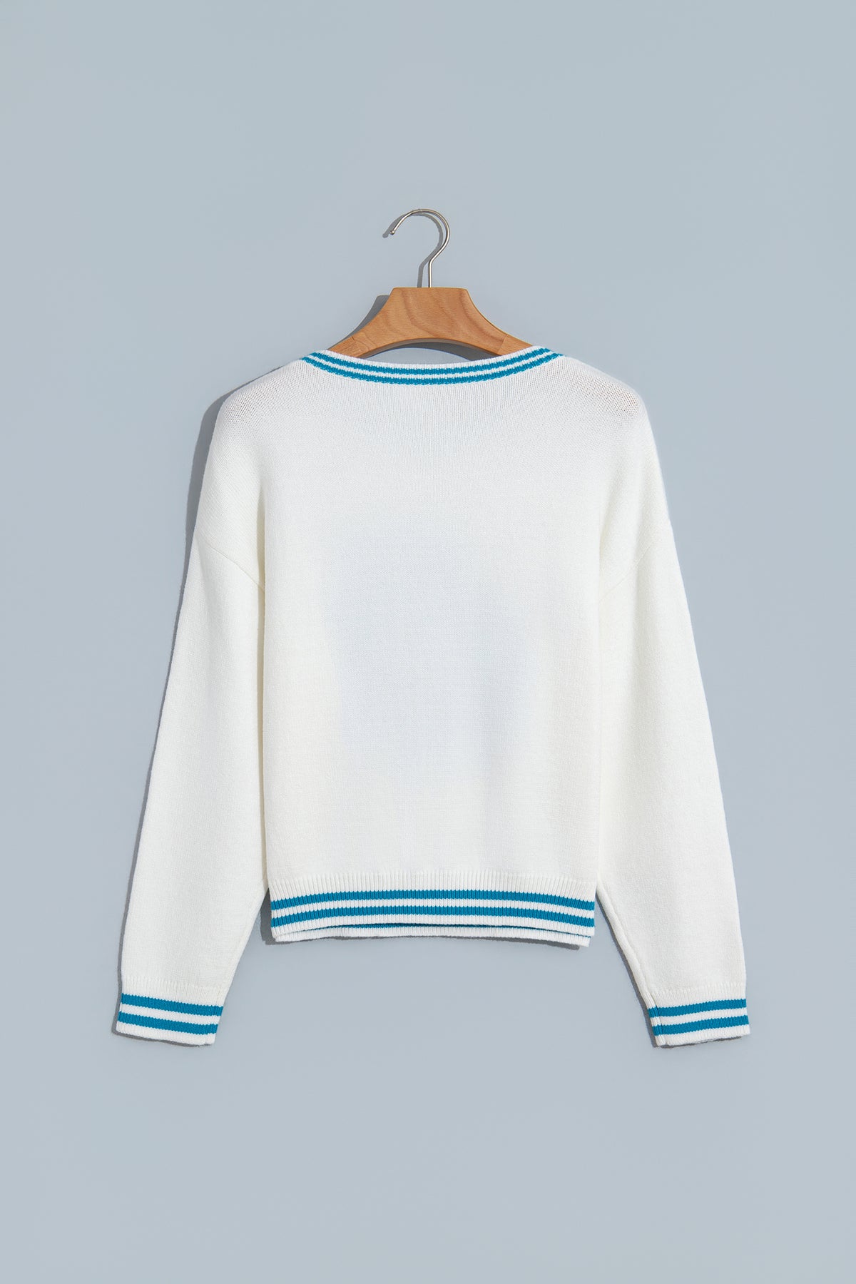 Light Blue Bulldog Contrast Trim Round Neck Casual Sweater-TOPS / DRESSES-[Adult]-[Female]-2022 Online Blue Zone Planet