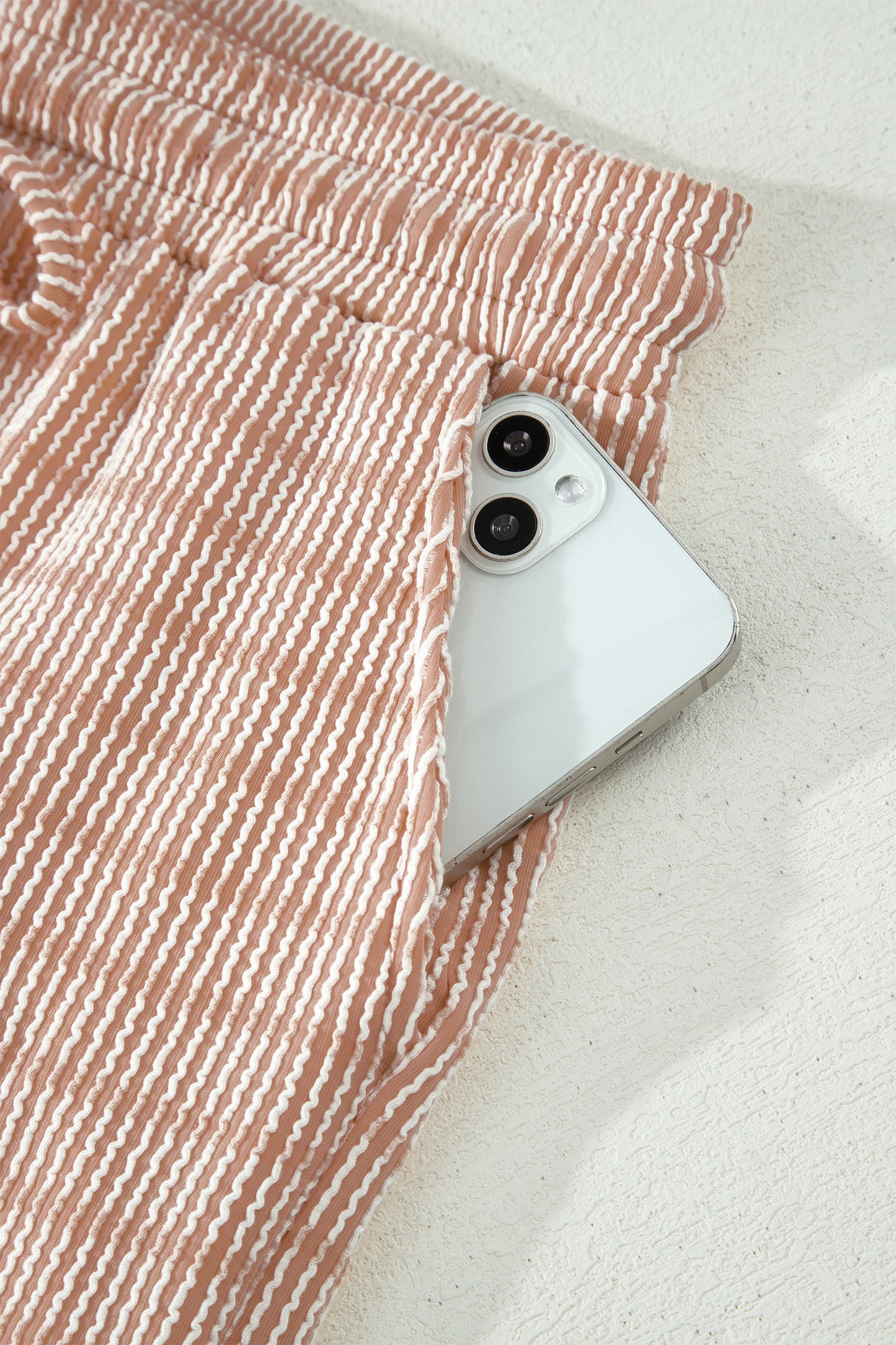 Rose Stripe Raised Rib Loose Tee Drawstring Elastic Waist 2pcs Short Set-Two Piece Sets/Short Sets-[Adult]-[Female]-2022 Online Blue Zone Planet