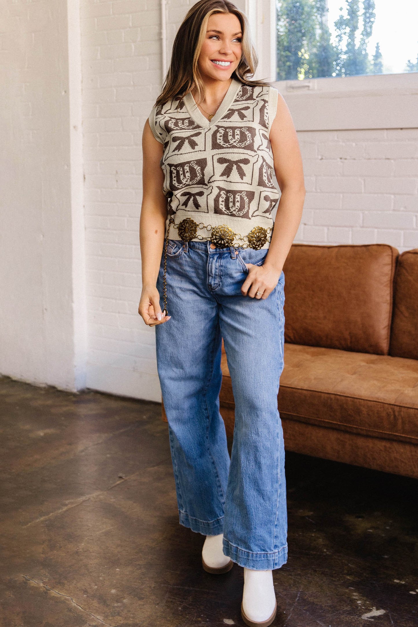 Brown Western Horseshoe Bow Printed V Neck Loose Sweater Vest-TOPS / DRESSES-[Adult]-[Female]-2022 Online Blue Zone Planet