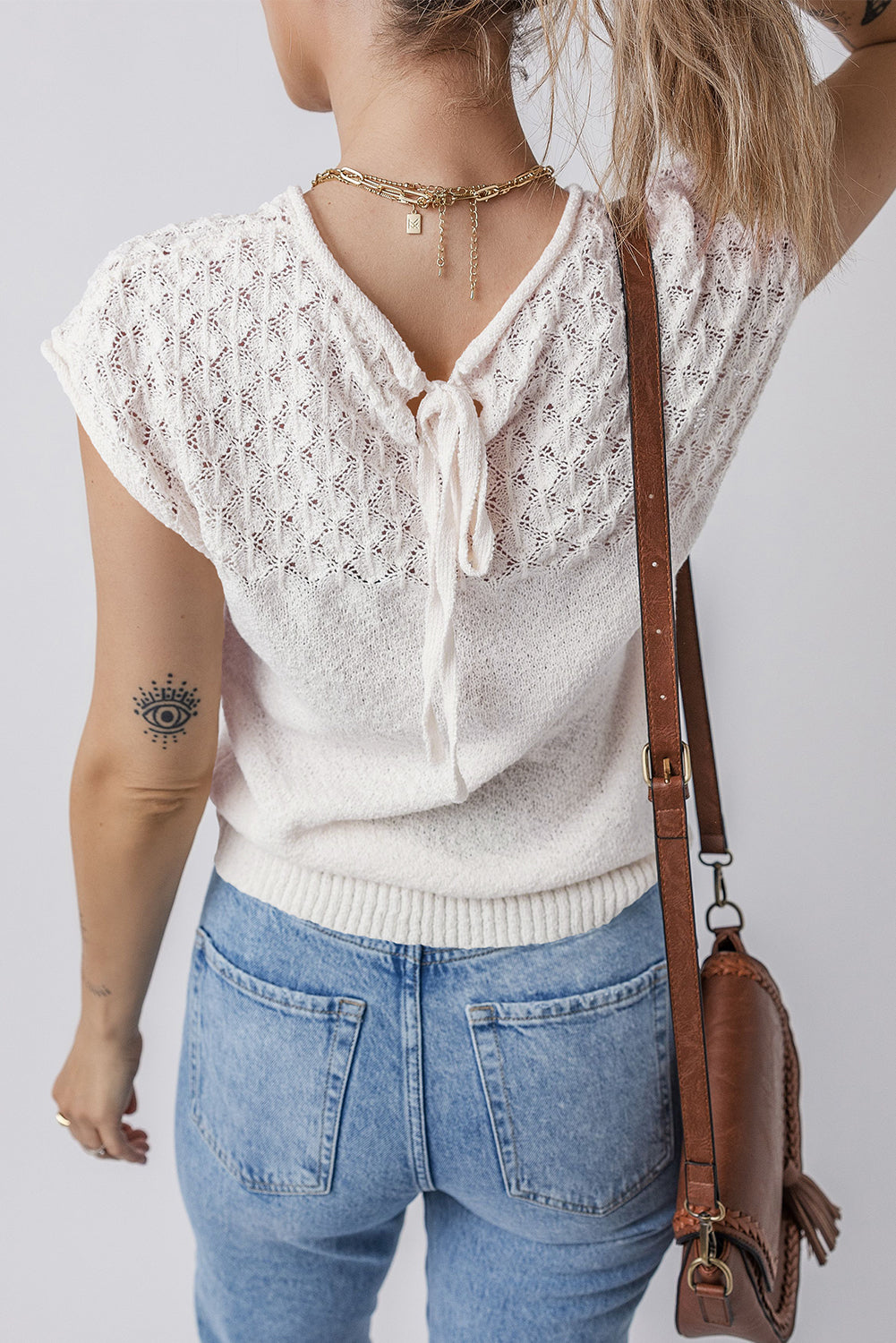 Blue Zone Planet | White Eyelet Knit Tied Back Short Sleeve Sweater-Sweaters & Cardigans/Short Sleeve Sweaters-[Adult]-[Female]-2022 Online Blue Zone Planet