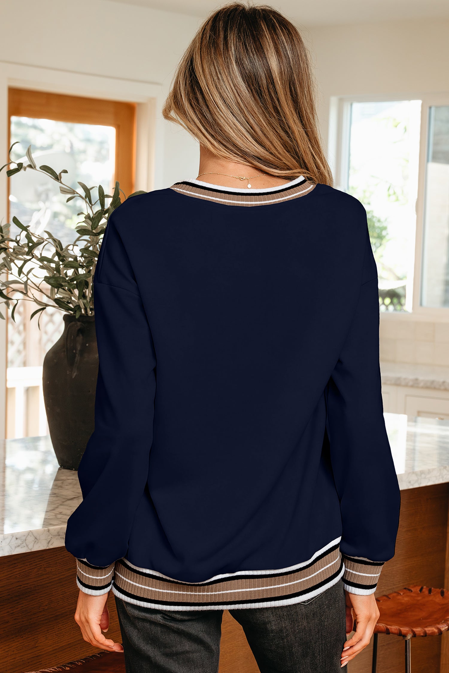 Navy Blue Varsity Contrast Striped Trim V Neck Sweatshirt-Tops/Sweatshirts & Hoodies-[Adult]-[Female]-2022 Online Blue Zone Planet