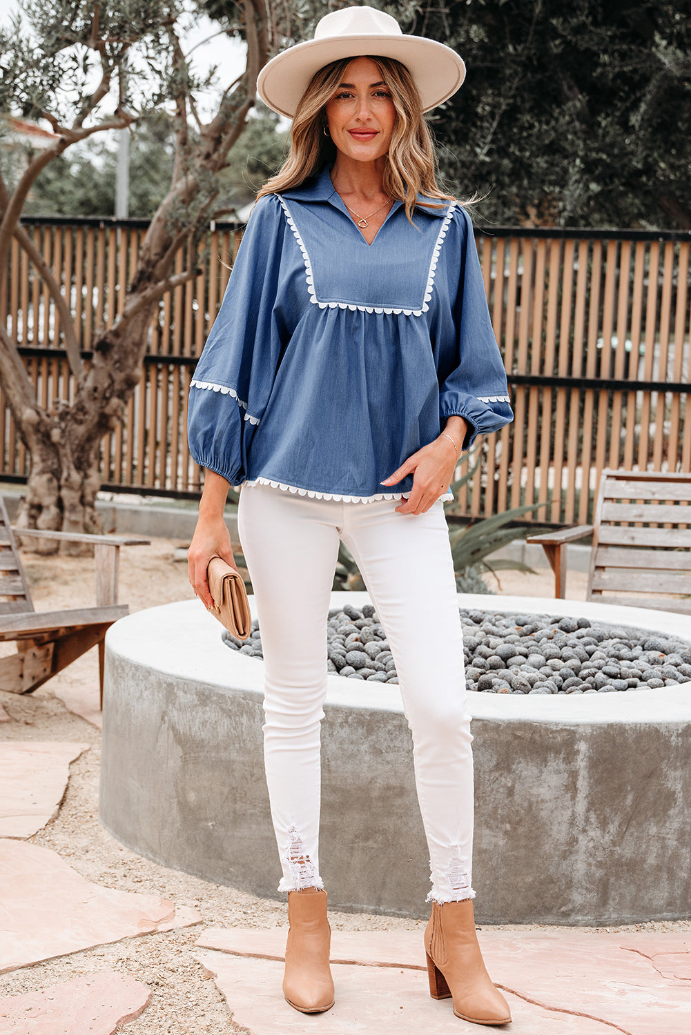 Dusk Blue Lace Ric Rac 3/4 Puff Sleeve Collared Babydoll Blouse-Tops/Blouses & Shirts-[Adult]-[Female]-2022 Online Blue Zone Planet