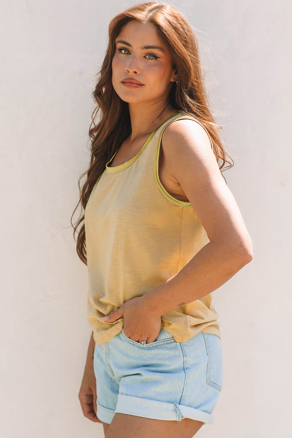 Tan Metallic Sheen Edge Scoop Neck Tank Top-Tops/Tank Tops-[Adult]-[Female]-2022 Online Blue Zone Planet
