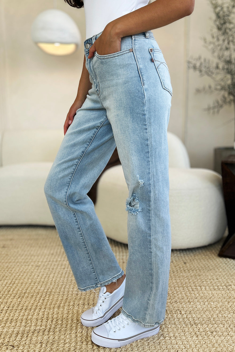 Judy Blue Full Size High Waist Distressed Straight Jeans-BOTTOM SIZES SMALL MEDIUM LARGE-[Adult]-[Female]-2022 Online Blue Zone Planet