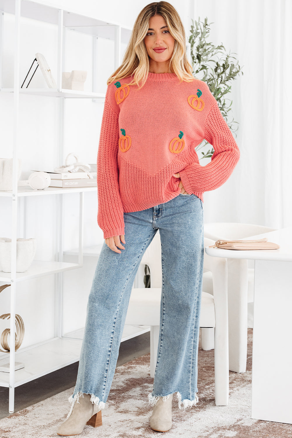 Blossom Pumpkin Embroidered Thanksgiving Holiday Sweater-Sweaters & Cardigans/Sweaters-[Adult]-[Female]-2022 Online Blue Zone Planet