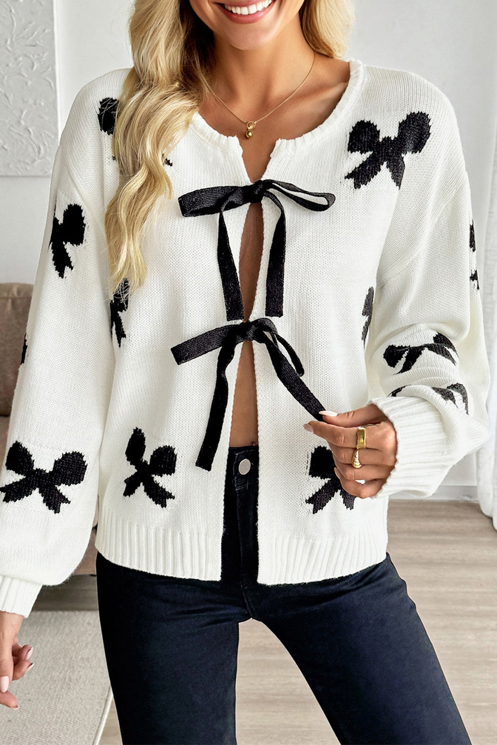 White Lace-up Bow Pattern Sweater Cardigan-Sweaters & Cardigans/Cardigans-[Adult]-[Female]-White-S-2022 Online Blue Zone Planet