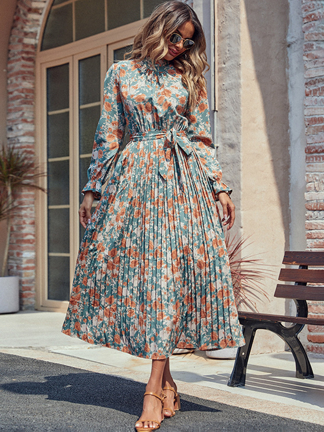 Perfee Tied Pleated Printed Mock Neck Long Sleeve Dress-TOPS / DRESSES-[Adult]-[Female]-2022 Online Blue Zone Planet