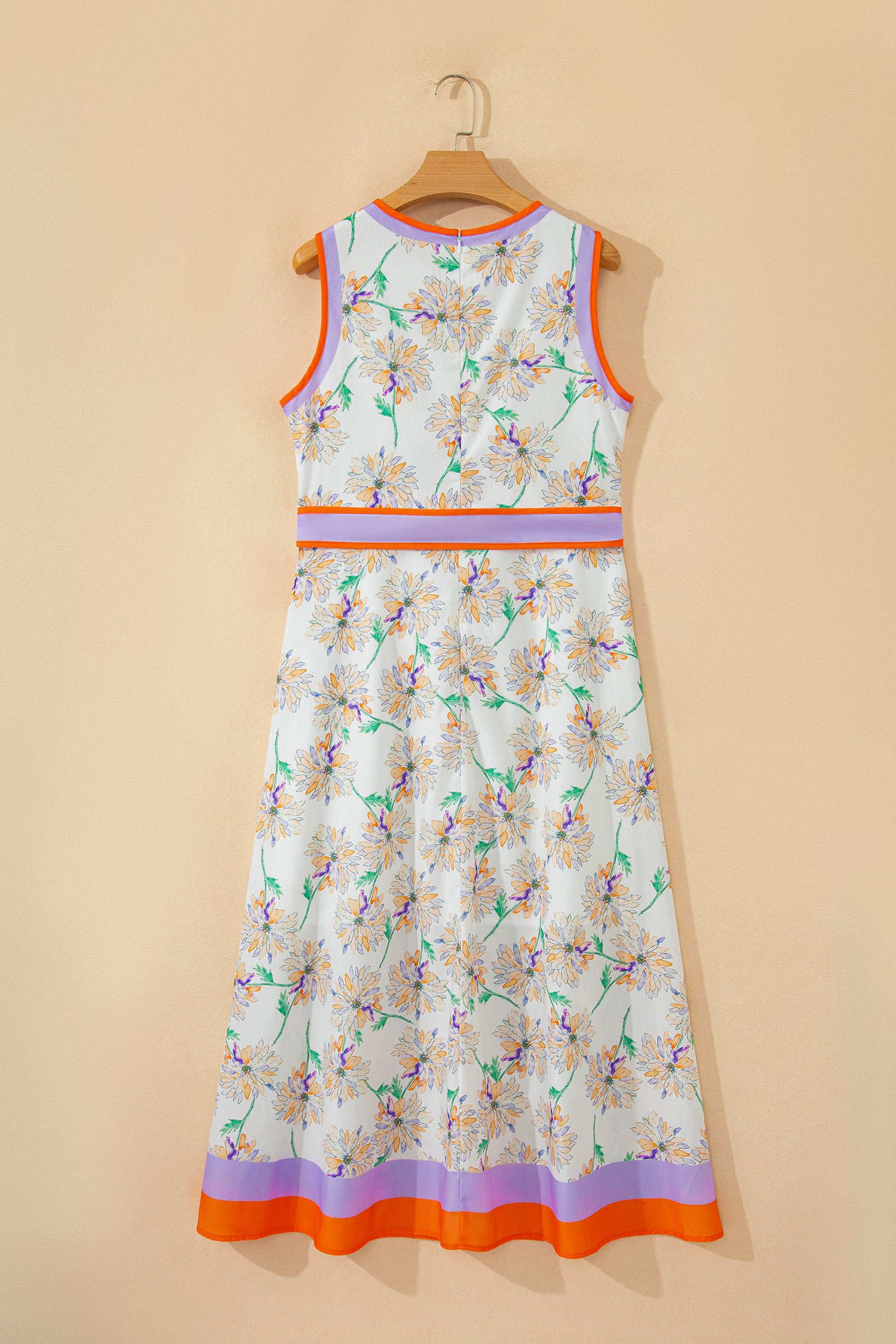 White Floral Print Color Block Trim Belted Sleeveless Maxi Dress-Dresses/Floral Dresses-[Adult]-[Female]-2022 Online Blue Zone Planet
