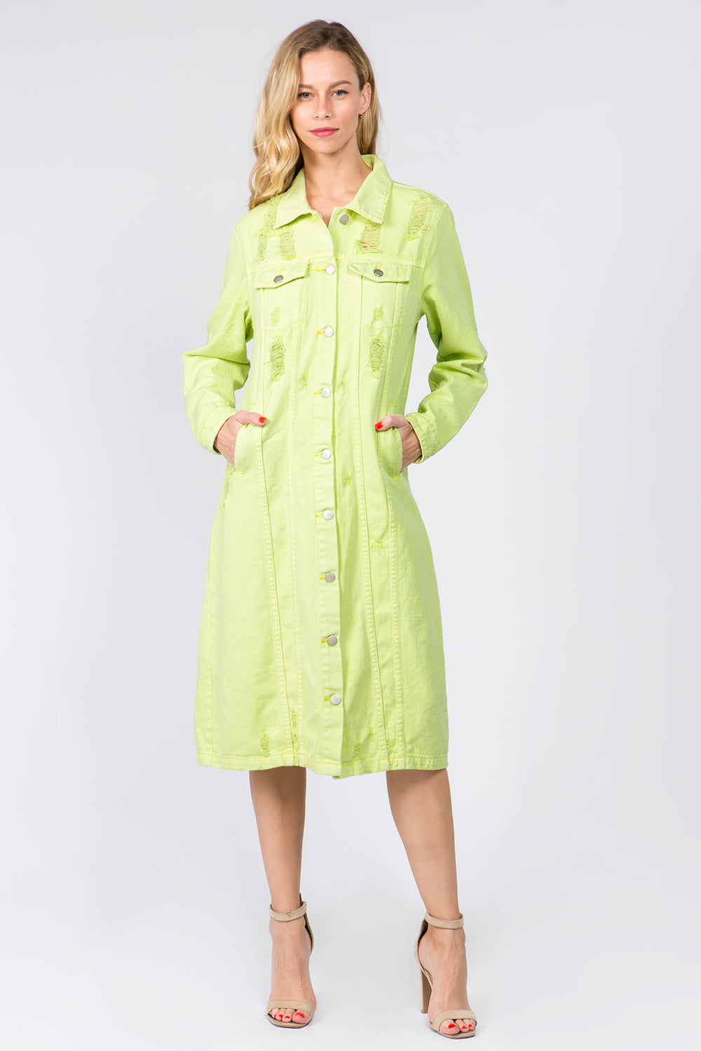 American Bazi Button Up Distressed Denim Dress-TOPS / DRESSES-[Adult]-[Female]-Lime-S-2022 Online Blue Zone Planet