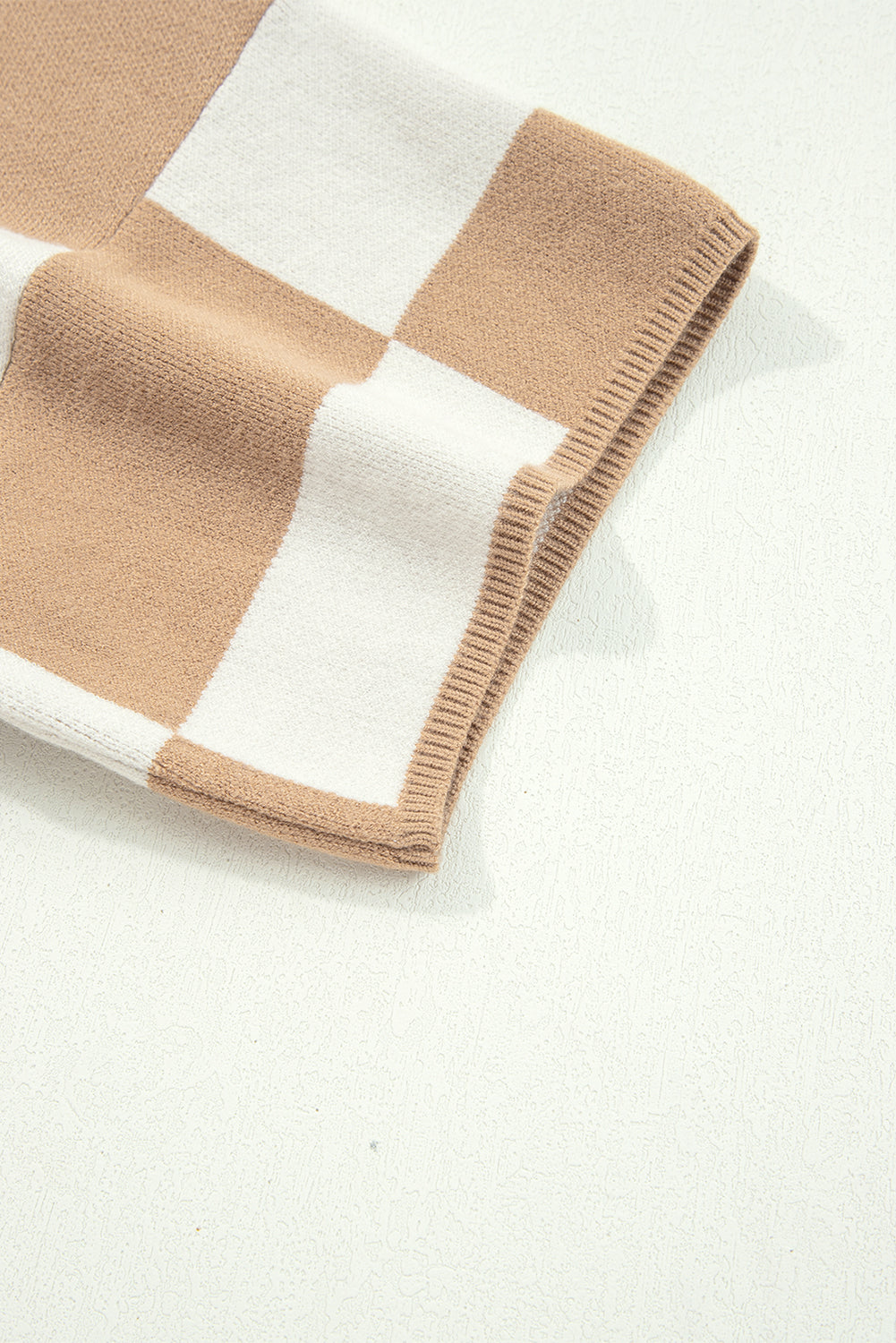 Light French Beige Checkered Pattern Loose Drop Shoulder Half Sleeve Sweater-Sweaters & Cardigans/Short Sleeve Sweaters-[Adult]-[Female]-2022 Online Blue Zone Planet