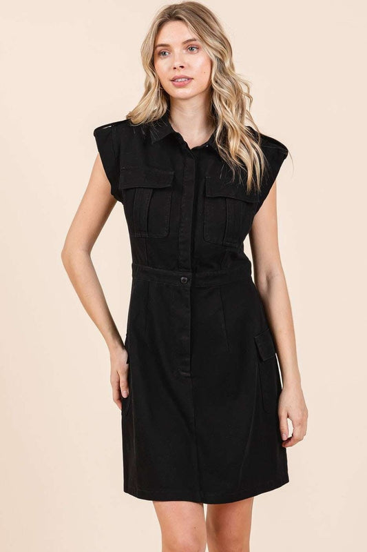 Mittoshop Cargo Pocket Half Button Mini Dress-TOPS / DRESSES-[Adult]-[Female]-Black-S-2022 Online Blue Zone Planet