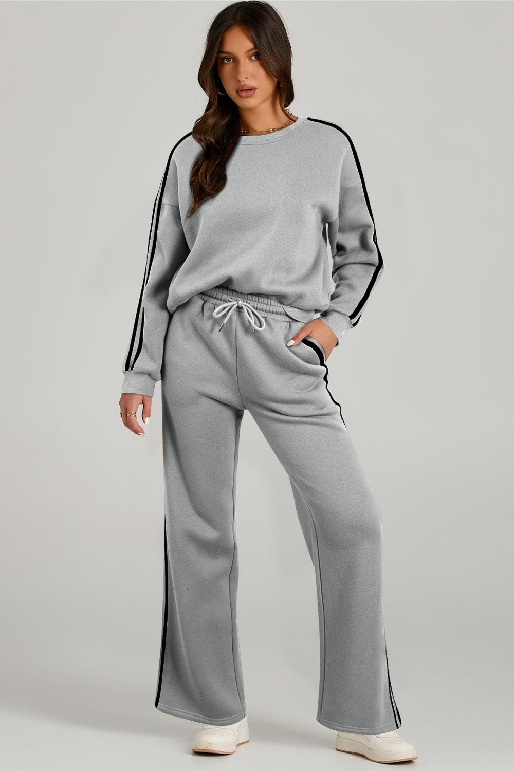 Round Neck Long Sleeve Top and Pants Active Set-BOTTOMS SIZES SMALL MEDIUM LARGE-[Adult]-[Female]-Gray-S-2022 Online Blue Zone Planet