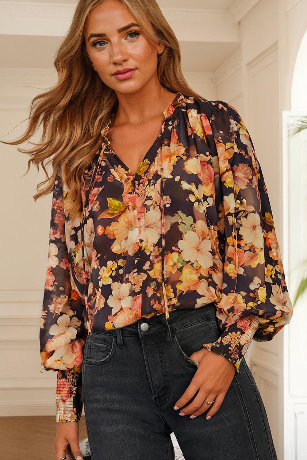 Black Floral V Neck Long Puff Sleeve Breezy Blouse-Tops/Blouses & Shirts-[Adult]-[Female]-2022 Online Blue Zone Planet