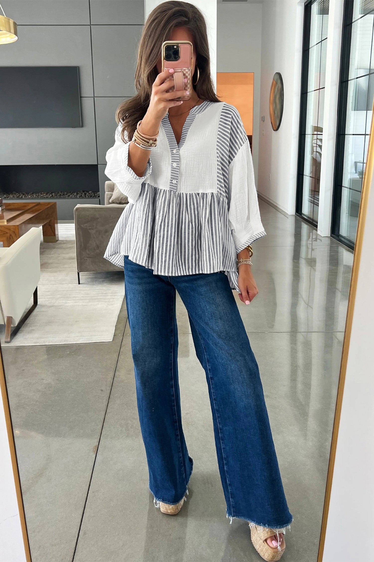 Gray Stripe Half Button Gauze Patchwork Bracelet Sleeve Babydoll Blouse-Tops/Blouses & Shirts-[Adult]-[Female]-2022 Online Blue Zone Planet