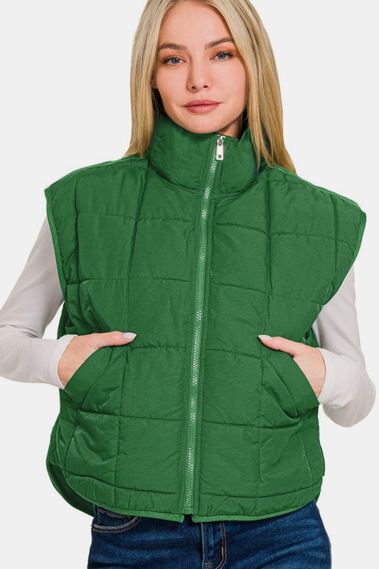 Zenana Zip Up Cropped Puffer Vest with Pockets-TOPS / DRESSES-[Adult]-[Female]-Dk Green-S-2022 Online Blue Zone Planet