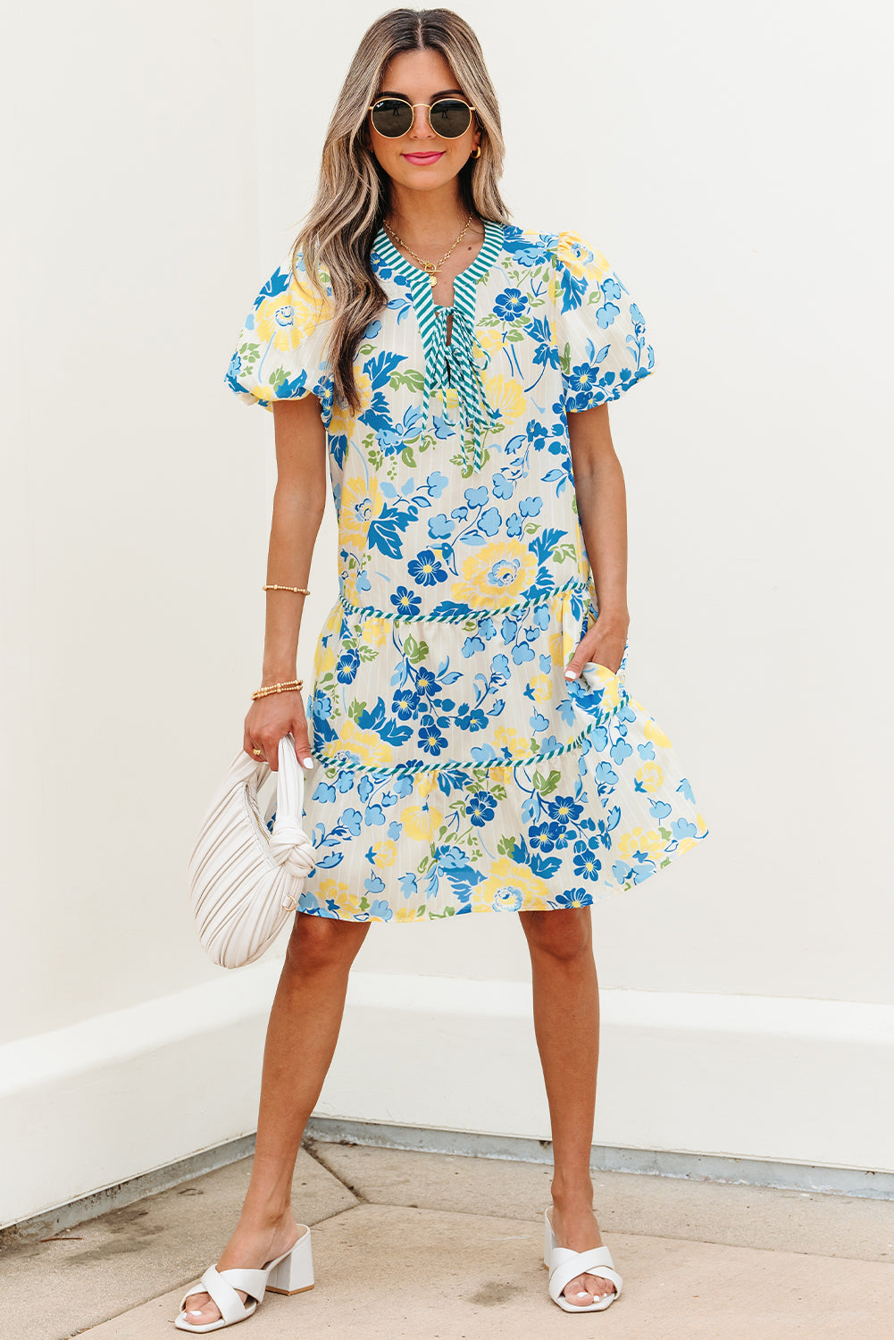 Blue Floral Striped Trim Puff Short Sleeve Dress-TOPS / DRESSES-[Adult]-[Female]-2022 Online Blue Zone Planet
