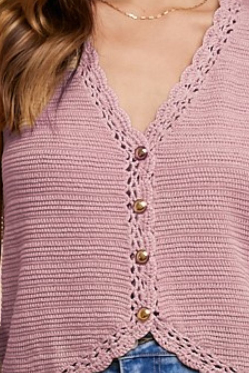 Annie Wear Crochet Trim Button Down Sweater Vest-TOPS / DRESSES-[Adult]-[Female]-2022 Online Blue Zone Planet