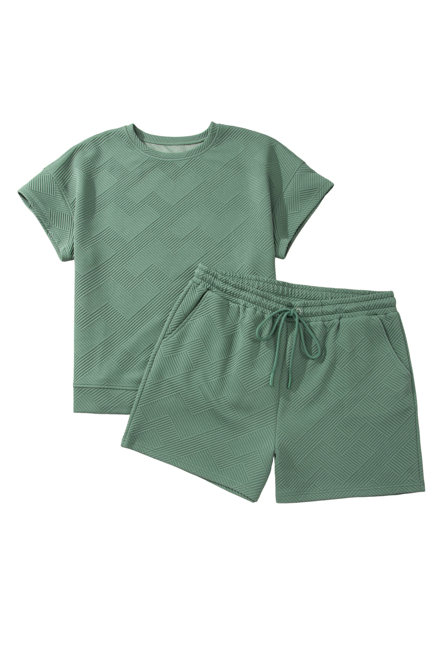 Mineral Blue Plus Size Textured Short Sleeve Top Drawstring Shorts Set-Plus Size/Plus Size Loungewear-[Adult]-[Female]-2022 Online Blue Zone Planet
