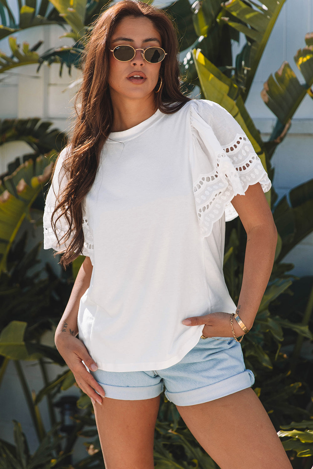 White Hollow Out Embroidered Short Sleeve O Neck Top-Tops/Tops & Tees-[Adult]-[Female]-2022 Online Blue Zone Planet
