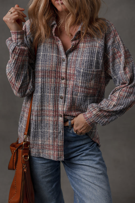Multicolour Plaid Textured Chest Pocket Vintage Shirt-Tops/Blouses & Shirts-[Adult]-[Female]-Multicolour-S-2022 Online Blue Zone Planet