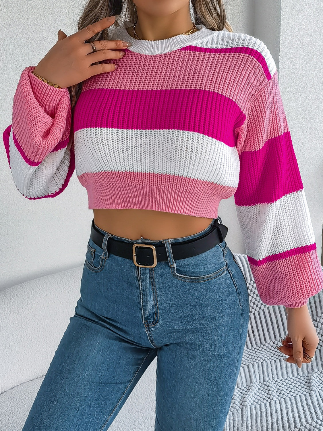 Color Block Round Neck Cropped Sweater-TOPS / DRESSES-[Adult]-[Female]-2022 Online Blue Zone Planet