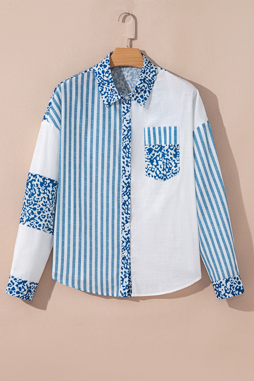 Sky Blue Leopard Striped Western Casual Shirt-Tops/Blouses & Shirts-[Adult]-[Female]-2022 Online Blue Zone Planet