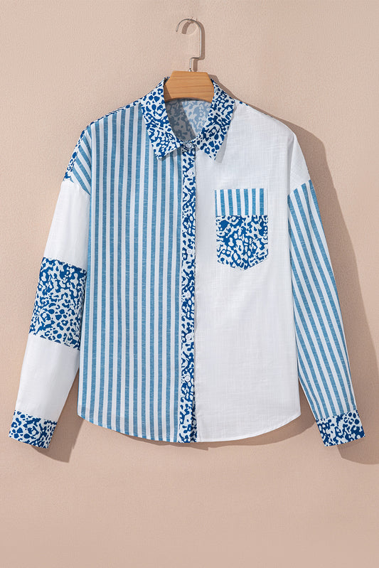 Sky Blue Leopard Striped Western Casual Shirt-Tops/Blouses & Shirts-[Adult]-[Female]-2022 Online Blue Zone Planet