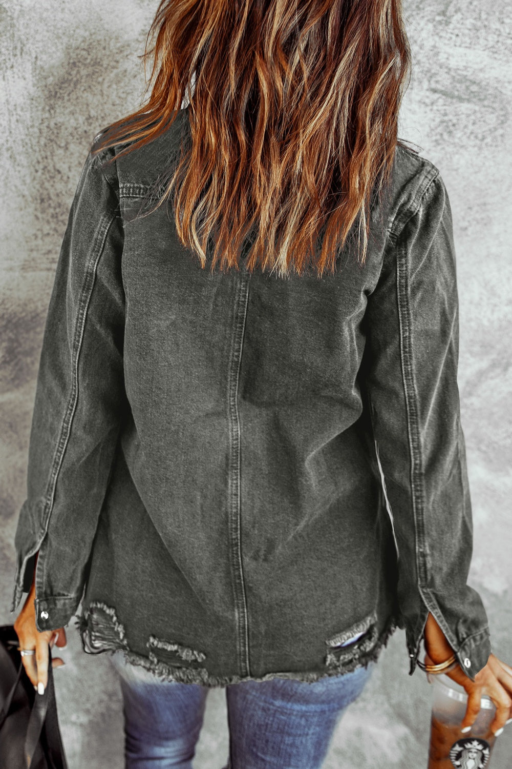 Distressed Raw Hem Snap Down Denim Jacket-TOPS / DRESSES-[Adult]-[Female]-2022 Online Blue Zone Planet