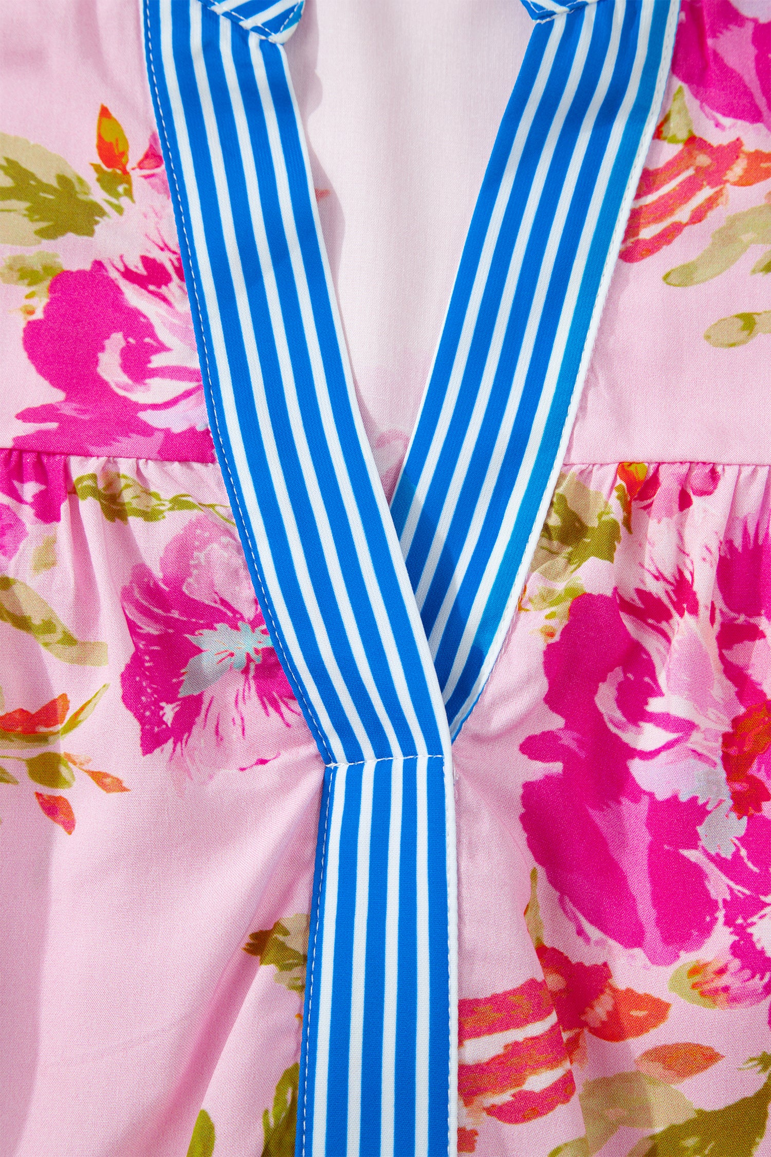 Multicolour Floral Half Sleeve Striped Trim V Neck Blouse-Tops/Blouses & Shirts-[Adult]-[Female]-2022 Online Blue Zone Planet