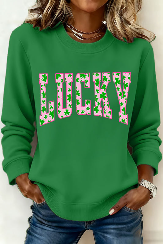 Dark Green LUCKY Clover Letter Printed Loose Pullover Sweatshirt-Graphic/Graphic Sweatshirts-[Adult]-[Female]-Dark Green-S-2022 Online Blue Zone Planet