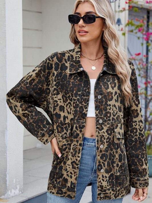 Leopard Button Up Drop Shoulder Denim Jacket-TOPS / DRESSES-[Adult]-[Female]-Leopard-S-2022 Online Blue Zone Planet