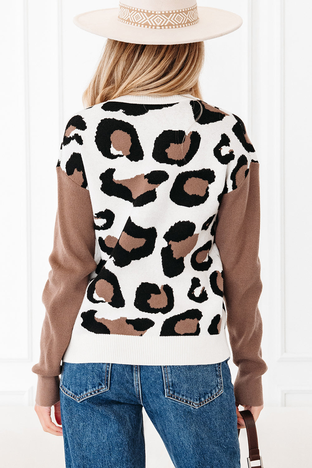 Jet Stream Leopard Print Color Block Patchwork Sleeve V Neck Sweater-Sweaters & Cardigans/Sweaters-[Adult]-[Female]-2022 Online Blue Zone Planet