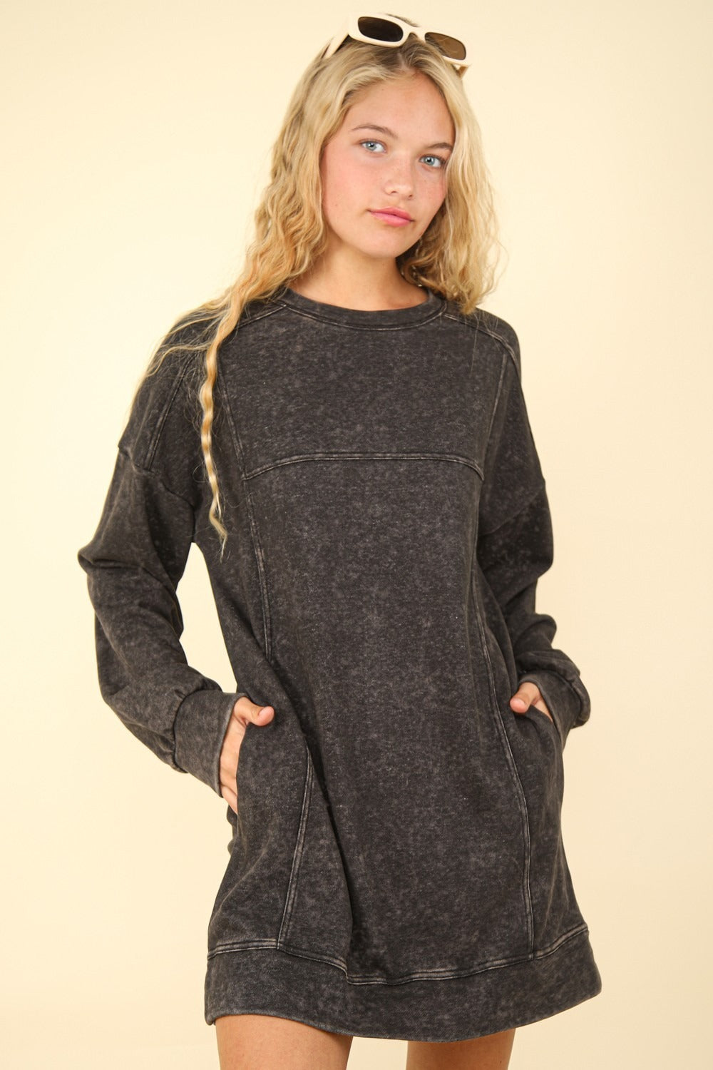 VERY J Mineral Washed Oversized Sweatshirt Mini Dress-TOPS / DRESSES-[Adult]-[Female]-Black-S-2022 Online Blue Zone Planet