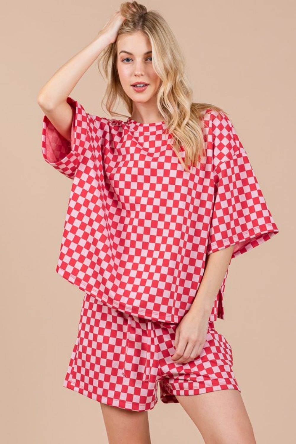 Ces Femme Checkered Round Neck Top and Shorts Set-TOPS / DRESSES-[Adult]-[Female]-2022 Online Blue Zone Planet