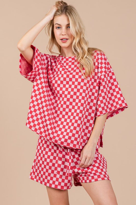 Ces Femme Checkered Round Neck Top and Shorts Set-TOPS / DRESSES-[Adult]-[Female]-2022 Online Blue Zone Planet