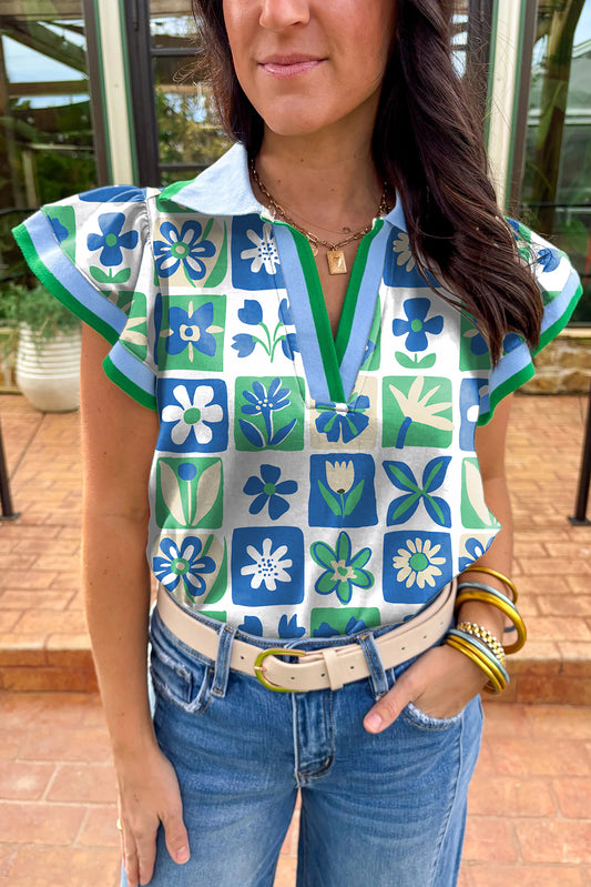 Green Floral Plaid Colorblock Trim Collar Flutter Sleeve Blouse-Tops/Blouses & Shirts-[Adult]-[Female]-Green-S-2022 Online Blue Zone Planet