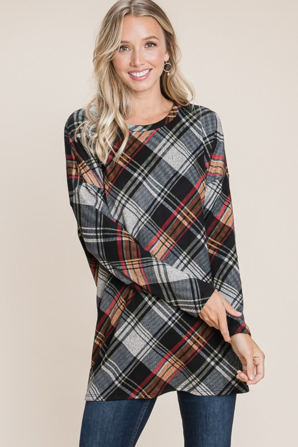 Blue Zone Planet | BOMBOM Plaid Round Neck Long Sleeve Knit Top-TOPS / DRESSES-[Adult]-[Female]-2022 Online Blue Zone Planet