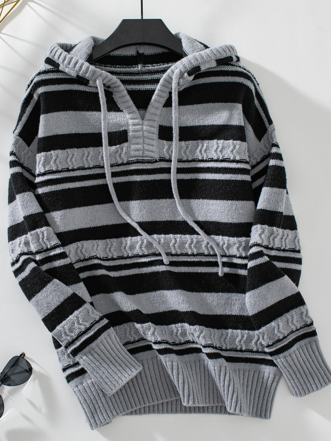 Drawstring Striped Long Sleeve Hooded Sweater-TOPS / DRESSES-[Adult]-[Female]-Dark Gray-S-2022 Online Blue Zone Planet