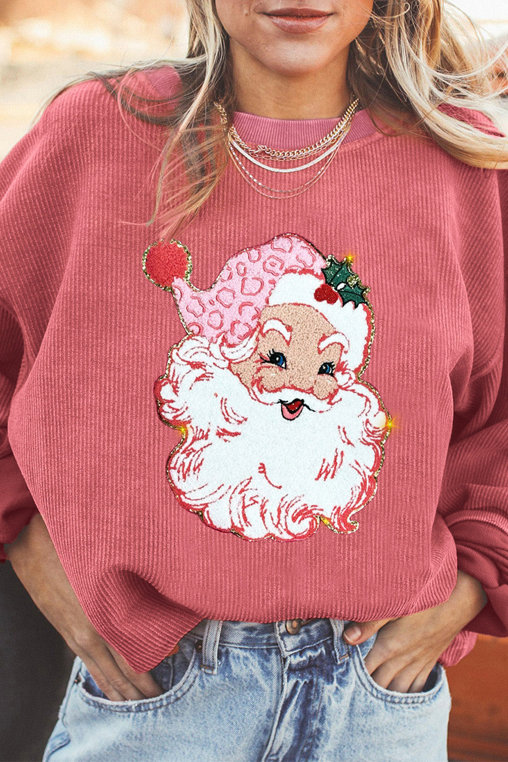 Strawberry Pink Santa Claus Sparkle Corded Crew Neck Sweatshirt-Graphic/Graphic Sweatshirts-[Adult]-[Female]-Strawberry Pink-S-2022 Online Blue Zone Planet