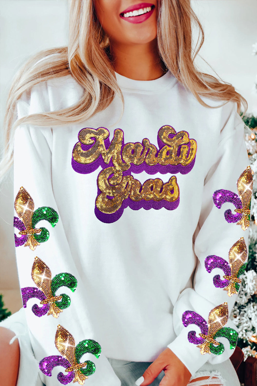 Beige Sequin Mardi Gras Patched Pattern Fleur de Lis Sleeve Sweatshirt-Graphic/Graphic Sweatshirts-[Adult]-[Female]-Beige-S-2022 Online Blue Zone Planet