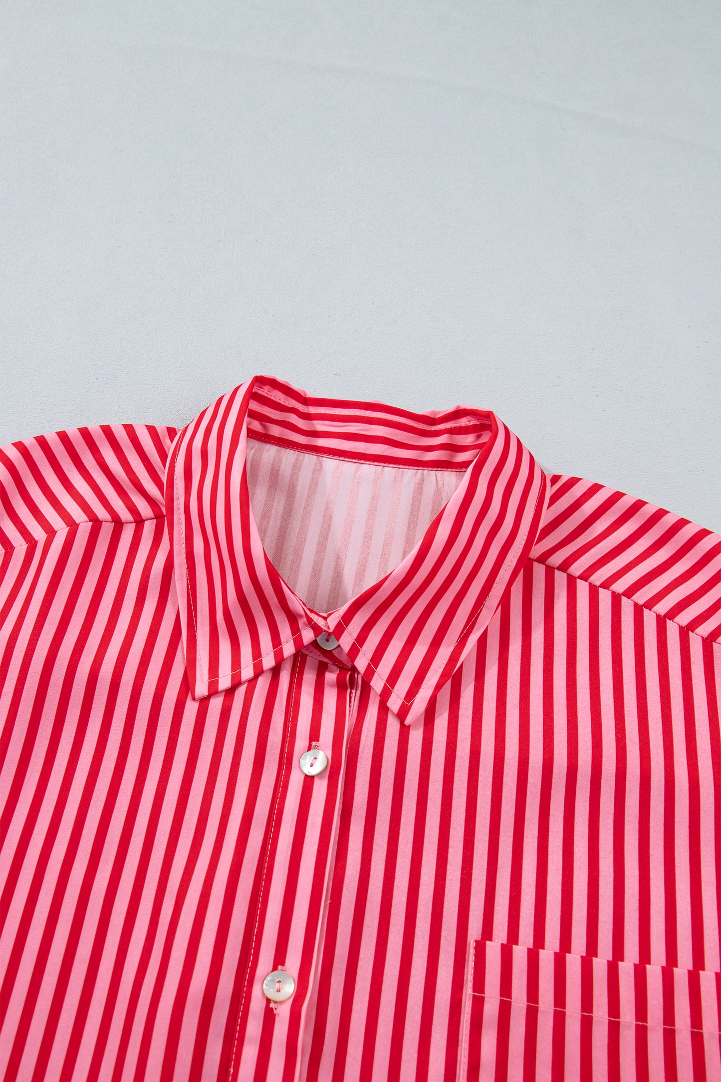 Red Stripe Button-Up Shirt Long Sleeve Patch Pocket Casual Shirt-Tops/Blouses & Shirts-[Adult]-[Female]-2022 Online Blue Zone Planet