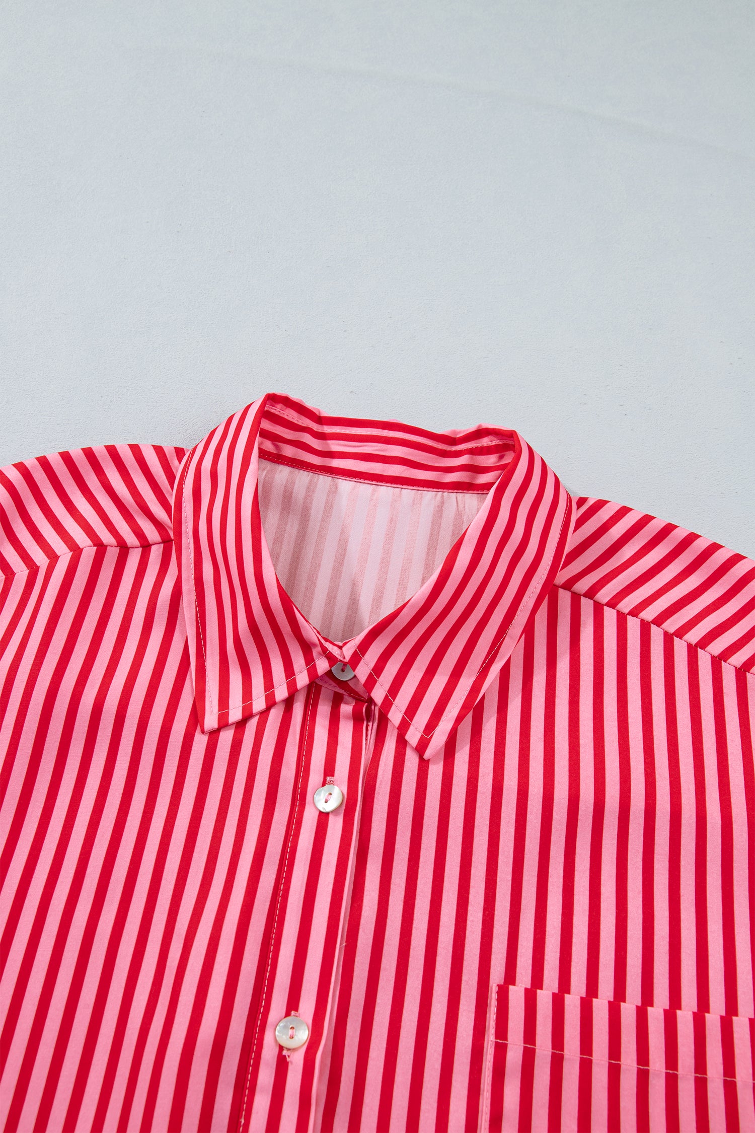 Red Stripe Button-Up Shirt Long Sleeve Patch Pocket Casual Shirt-Tops/Blouses & Shirts-[Adult]-[Female]-2022 Online Blue Zone Planet