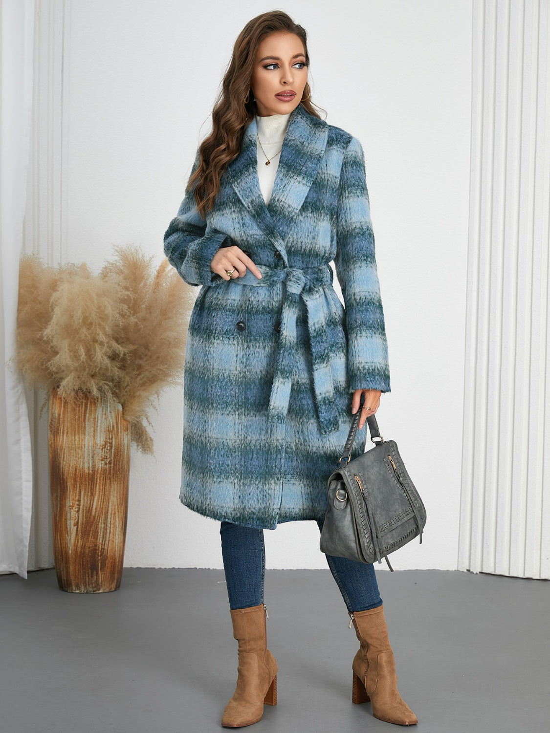 Blue Zone Planet | Plaid Tie Waist Long Sleeve Coat-TOPS / DRESSES-[Adult]-[Female]-Light Blue-S-2022 Online Blue Zone Planet