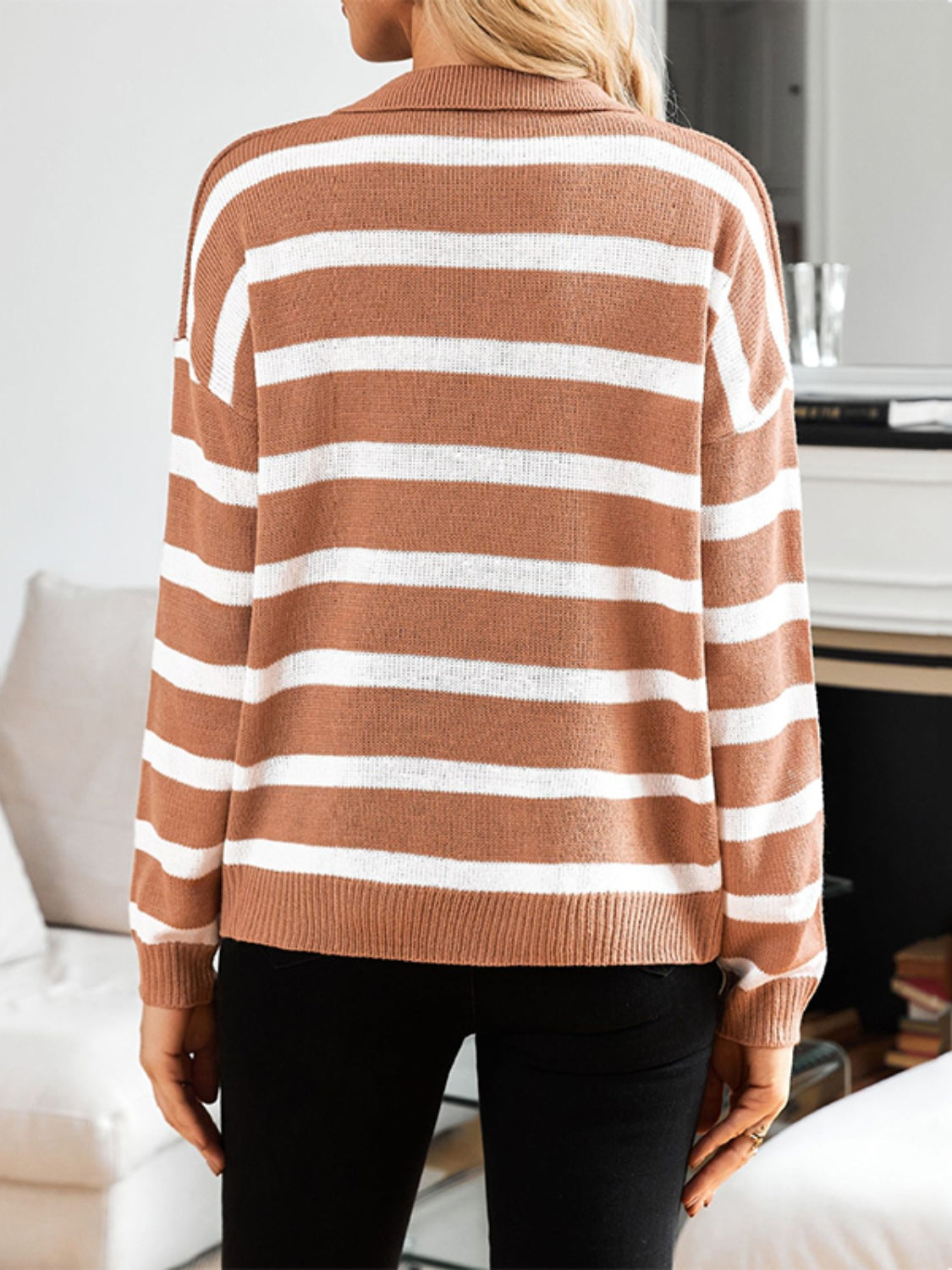 Striped Johnny Collar Long Sleeve Sweater-TOPS / DRESSES-[Adult]-[Female]-2022 Online Blue Zone Planet